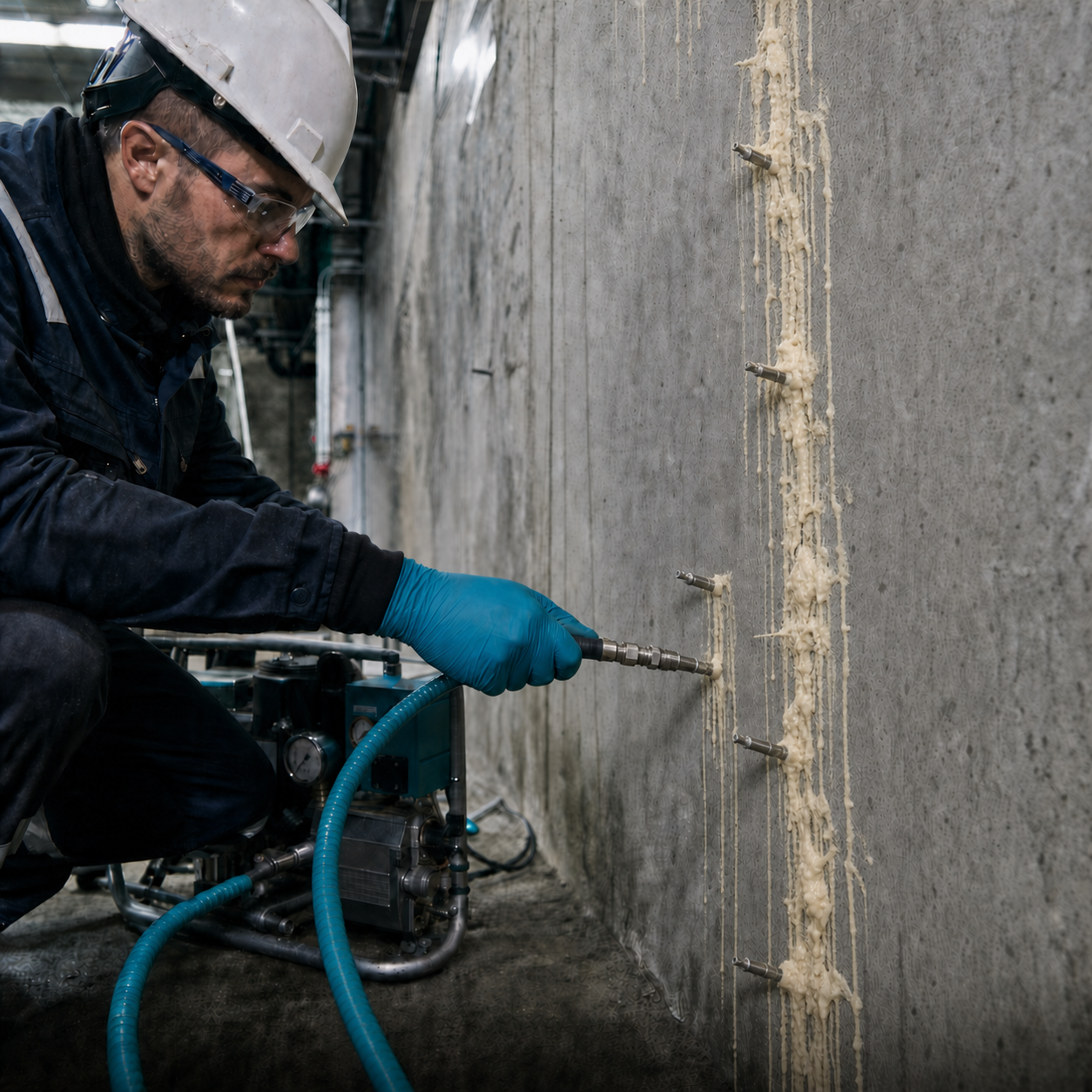 Técnico inyectando poliuretano hidrofóbico mediante packers en una fisura de hormigón